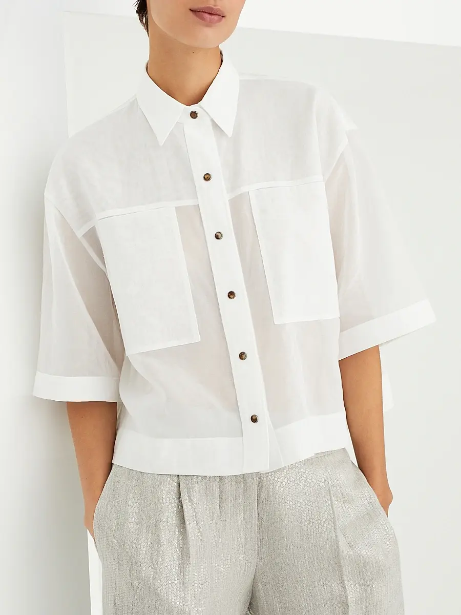 Brunello Cucinelli Women's Cotton Organza Shirt With Shiny Tab - White | Thumbnail 2 Brunello Cucinelli Women's Cotton Organza Shirt With Shiny Tab - White | Thumbnail 2