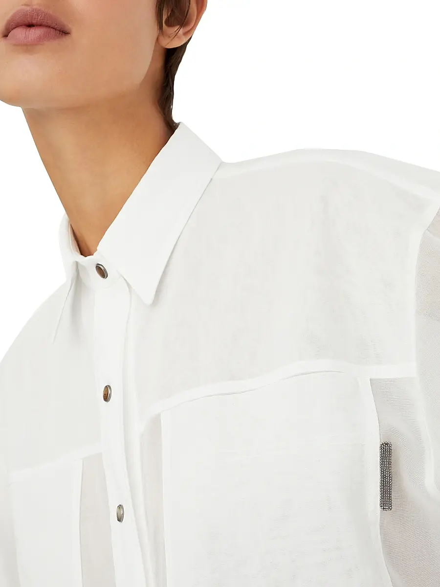 Brunello Cucinelli Women's Cotton Organza Shirt With Shiny Tab - White | Thumbnail 4 Brunello Cucinelli Women's Cotton Organza Shirt With Shiny Tab - White | Thumbnail 4