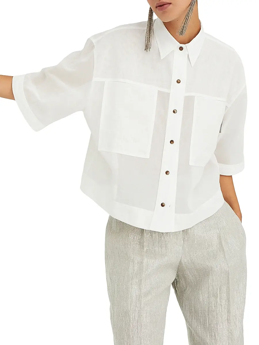 Brunello Cucinelli Women's Cotton Organza Shirt With Shiny Tab - White | Thumbnail 5 Brunello Cucinelli Women's Cotton Organza Shirt With Shiny Tab - White | Thumbnail 5
