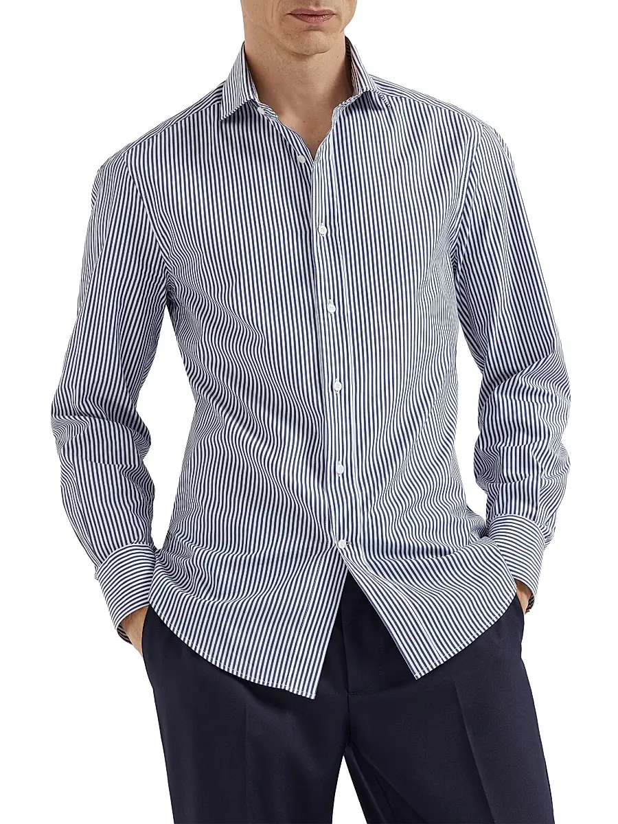 Brunello Cucinelli Men's Striped Poplin Slim Fit Shirt with Spread Collar - Navy Blue | Thumbnail 2 Brunello Cucinelli Men's Striped Poplin Slim Fit Shirt with Spread Collar - Navy Blue | Thumbnail 2
