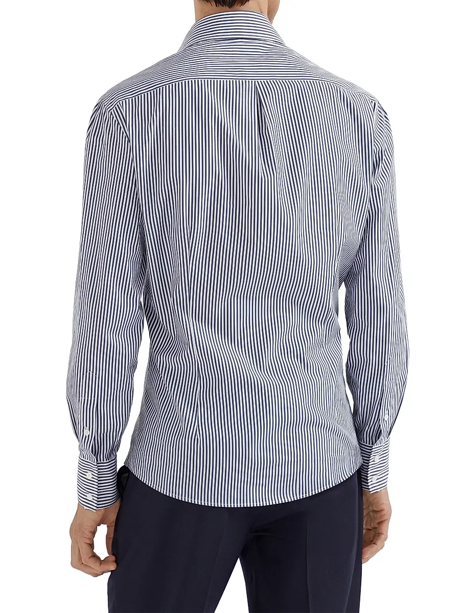 Brunello Cucinelli Men's Striped Poplin Slim Fit Shirt with Spread Collar - Navy Blue | Thumbnail 3 Brunello Cucinelli Men's Striped Poplin Slim Fit Shirt with Spread Collar - Navy Blue | Thumbnail 3