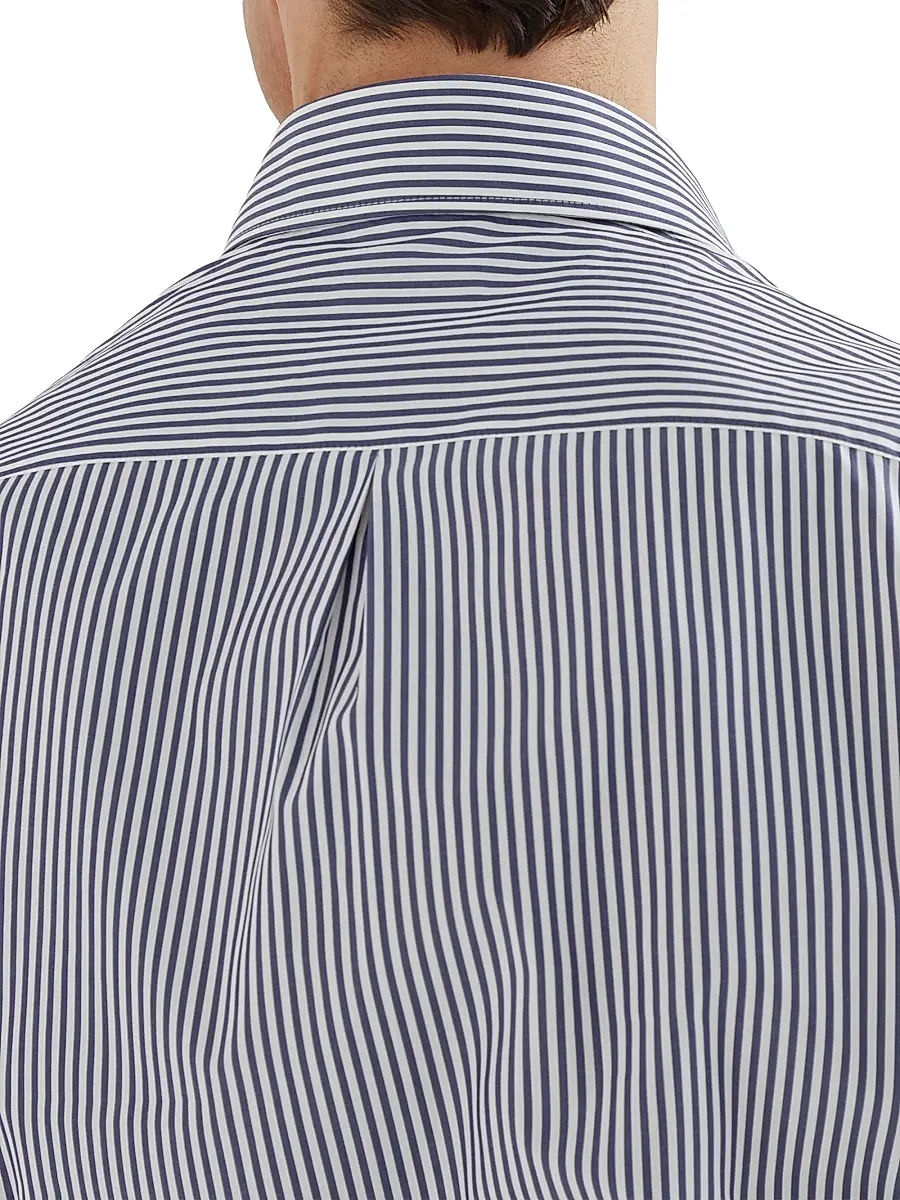 Brunello Cucinelli Men's Striped Poplin Slim Fit Shirt with Spread Collar - Navy Blue | Thumbnail 4 Brunello Cucinelli Men's Striped Poplin Slim Fit Shirt with Spread Collar - Navy Blue | Thumbnail 4