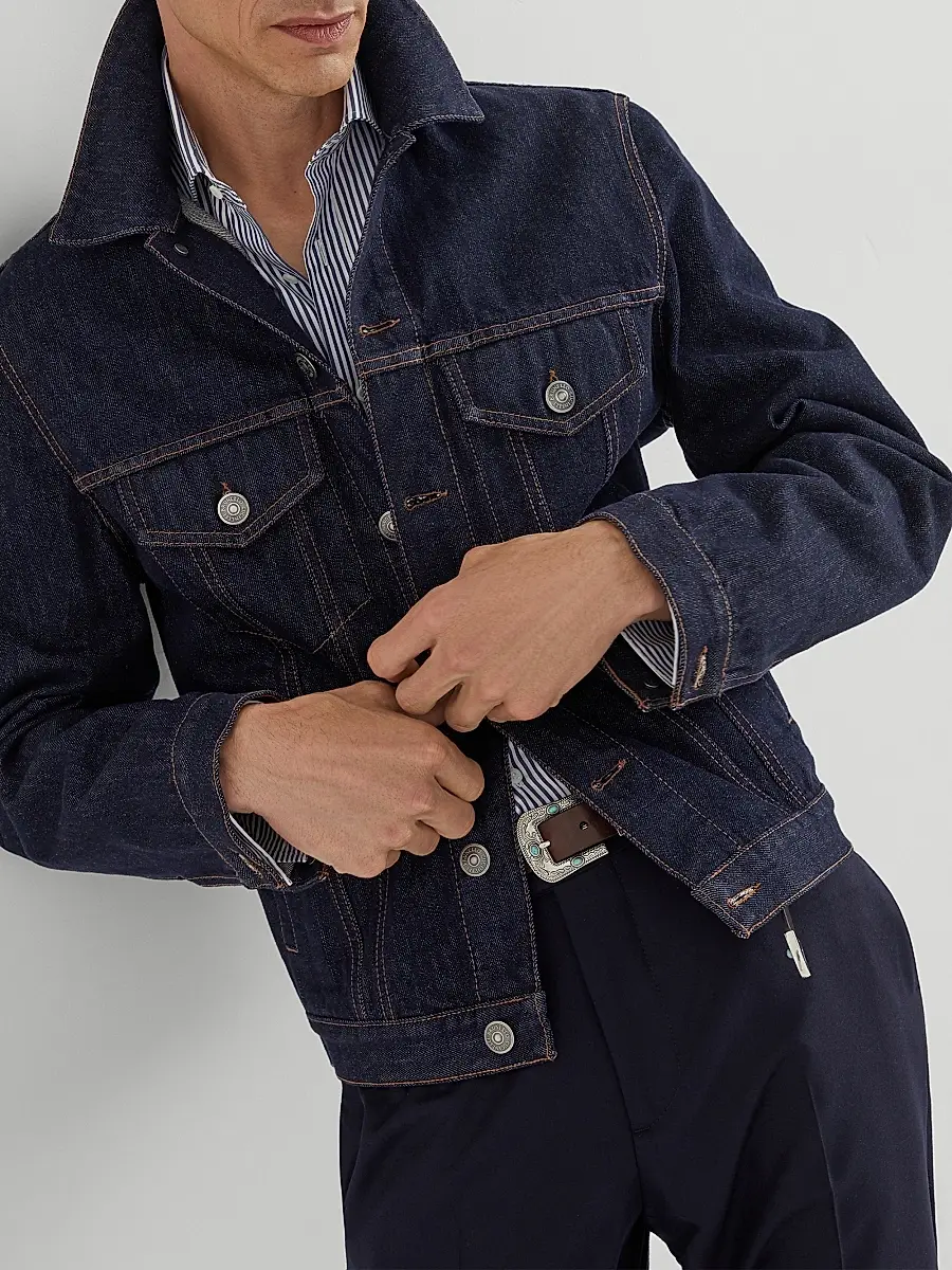 Brunello Cucinelli Men's Striped Poplin Slim Fit Shirt with Spread Collar - Navy Blue | Thumbnail 5 Brunello Cucinelli Men's Striped Poplin Slim Fit Shirt with Spread Collar - Navy Blue | Thumbnail 5