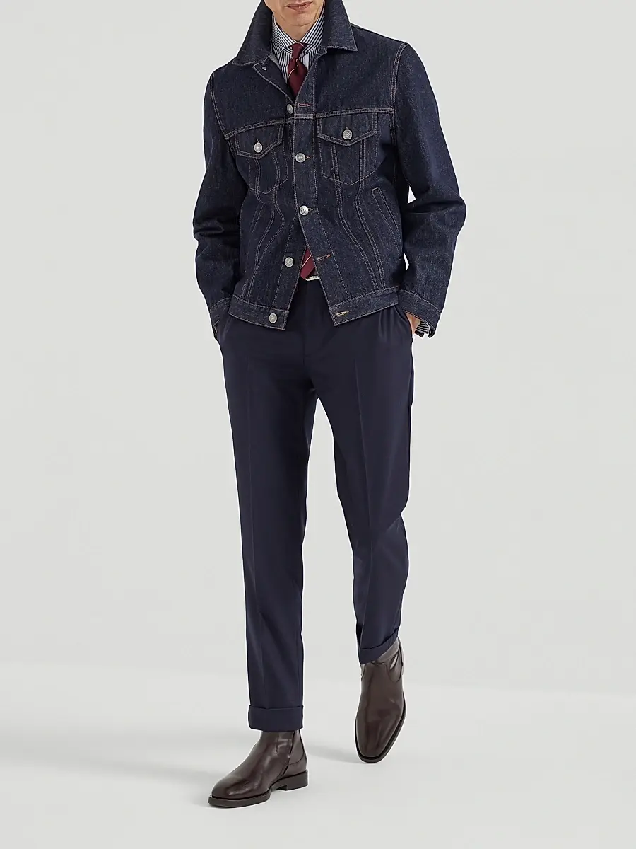 Brunello Cucinelli Men's Striped Poplin Slim Fit Shirt with Spread Collar - Navy Blue | Thumbnail 6 Brunello Cucinelli Men's Striped Poplin Slim Fit Shirt with Spread Collar - Navy Blue | Thumbnail 6