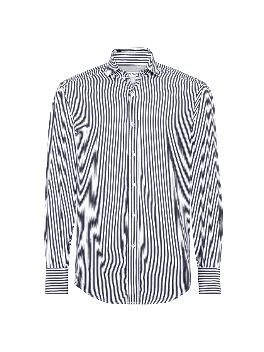 Brunello Cucinelli Men's Striped Poplin Slim Fit Shirt with Spread Collar - Navy Blue