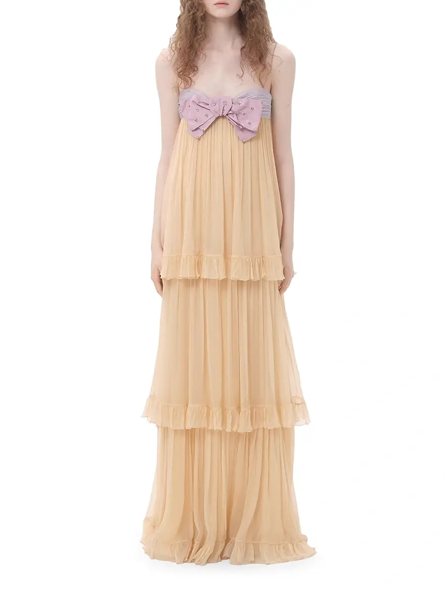 Valentino Women's Embroidered Long Dress in Crepponne Chiffon | Thumbnail 2 Valentino Women's Embroidered Long Dress in Crepponne Chiffon | Thumbnail 2
