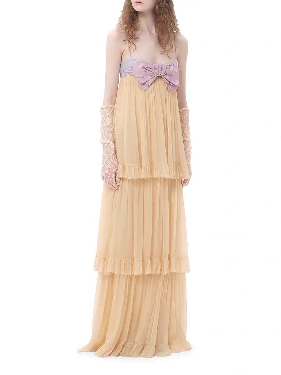 Valentino Women's Embroidered Long Dress in Crepponne Chiffon | Thumbnail 7 Valentino Women's Embroidered Long Dress in Crepponne Chiffon | Thumbnail 7