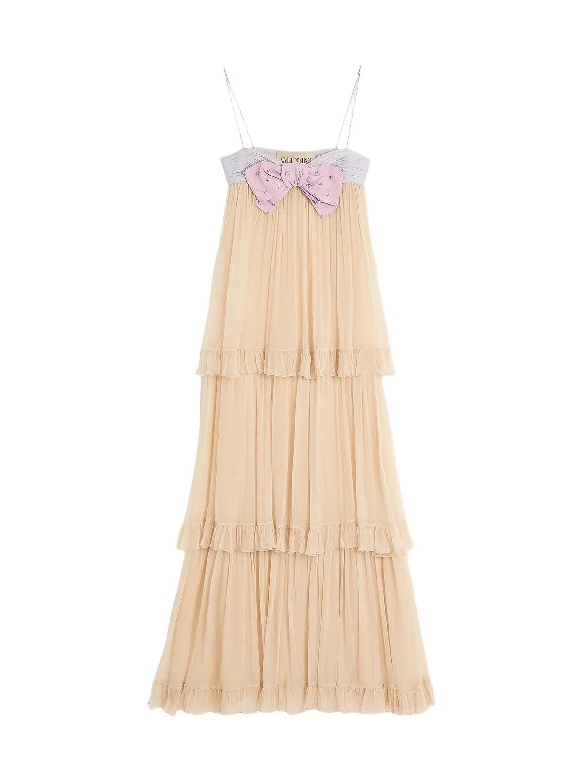 Women's Embroidered Long Dress in Crepponne Chiffon - Natural