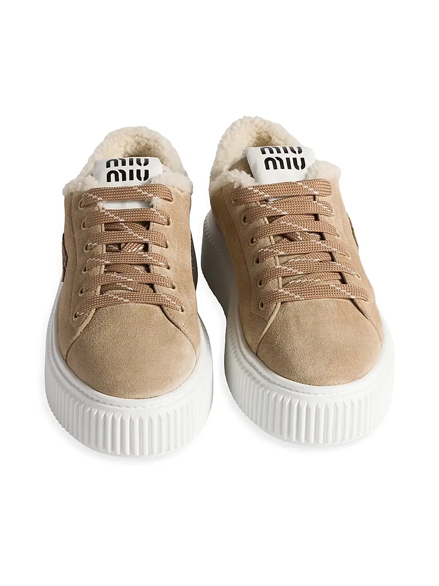 Miu Miu Women's Suede and Shearling Sneakers - Beige Khaki | Thumbnail 2 Miu Miu Women's Suede and Shearling Sneakers - Beige Khaki | Thumbnail 2
