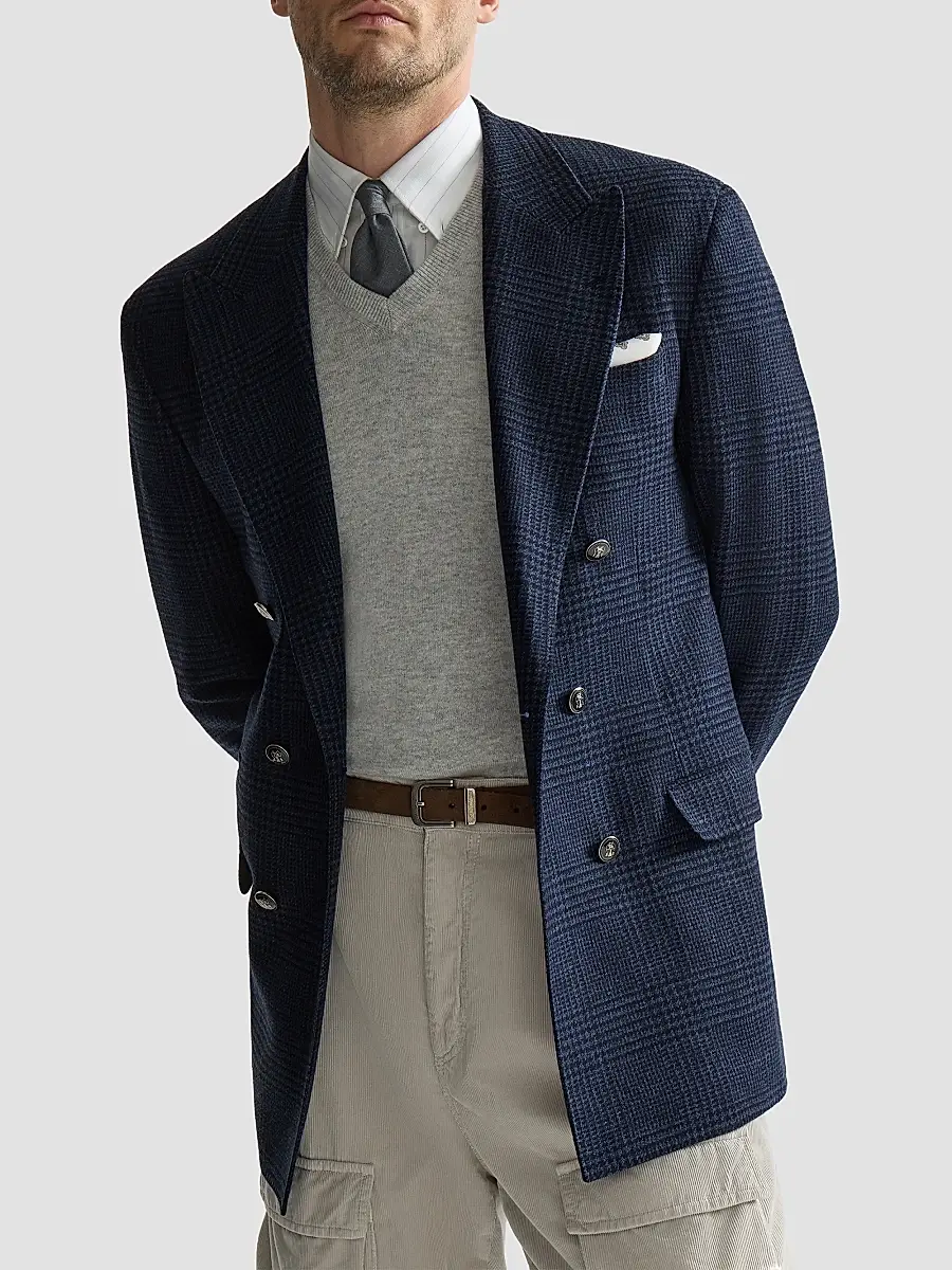 Brunello Cucinelli Men's Prince of Wales Flannel One-and-a-Half Breasted Tailor Blazer | Thumbnail 4 Brunello Cucinelli Men's Prince of Wales Flannel One-and-a-Half Breasted Tailor Blazer | Thumbnail 4