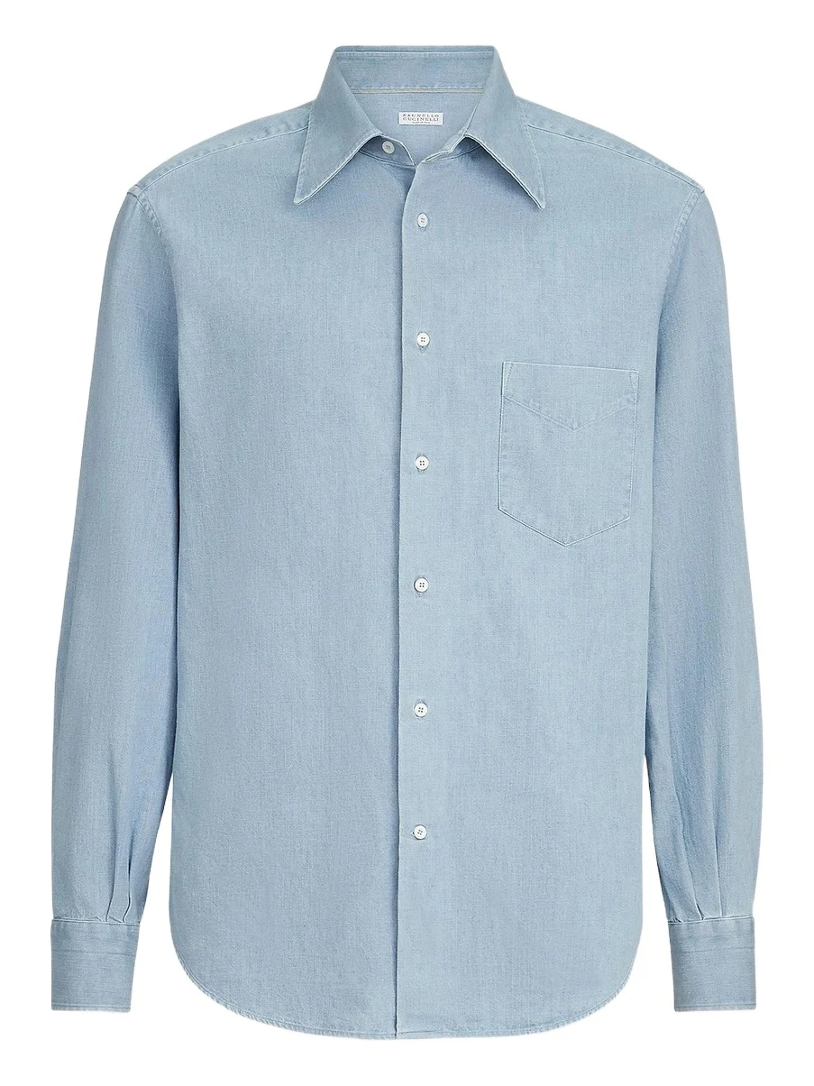 Brunello Cucinelli Men's Lightweight Denim Shirt with Italian Collar - Light Blue Denim