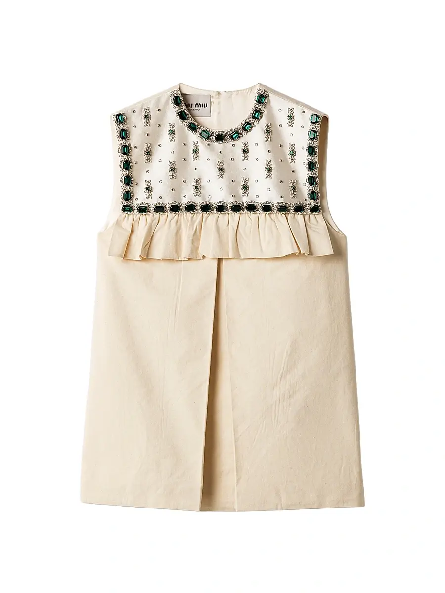 Miu Miu Women's Embroidered Canvas Mini-Dress - Beige Khaki | Image 1 Miu Miu Women's Embroidered Canvas Mini-Dress - Beige Khaki | Image 1
