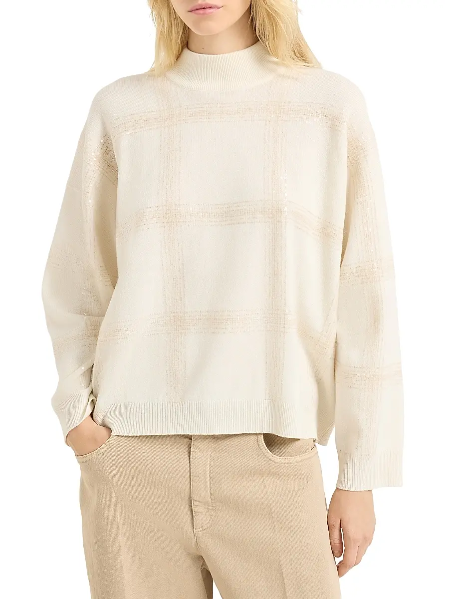Brunello Cucinelli Women's Virgin Wool, Cashmere and Silk Mock Neck Sweater with Dazzling Checks Embroidery | Thumbnail 2 Brunello Cucinelli Women's Virgin Wool, Cashmere and Silk Mock Neck Sweater with Dazzling Checks Embroidery | Thumbnail 2