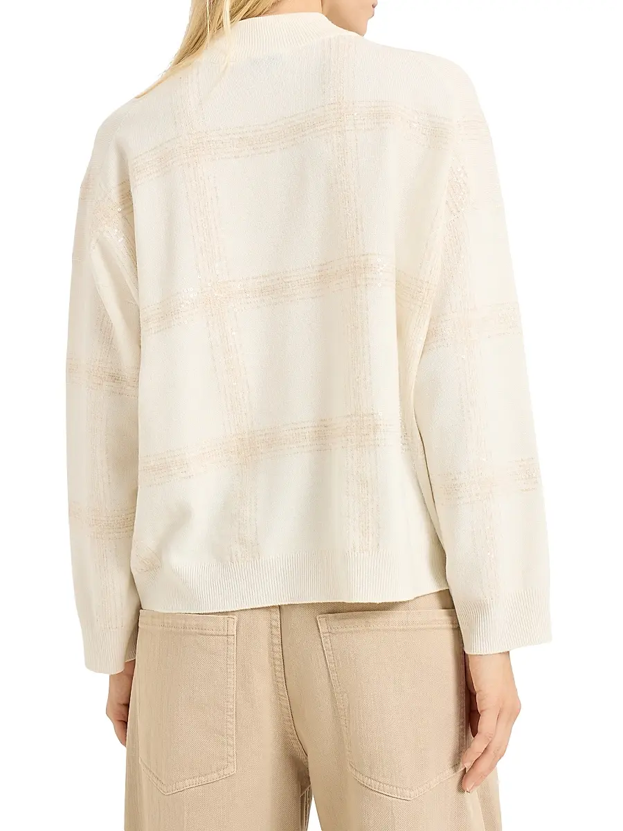 Brunello Cucinelli Women's Virgin Wool, Cashmere and Silk Mock Neck Sweater with Dazzling Checks Embroidery | Thumbnail 3 Brunello Cucinelli Women's Virgin Wool, Cashmere and Silk Mock Neck Sweater with Dazzling Checks Embroidery | Thumbnail 3