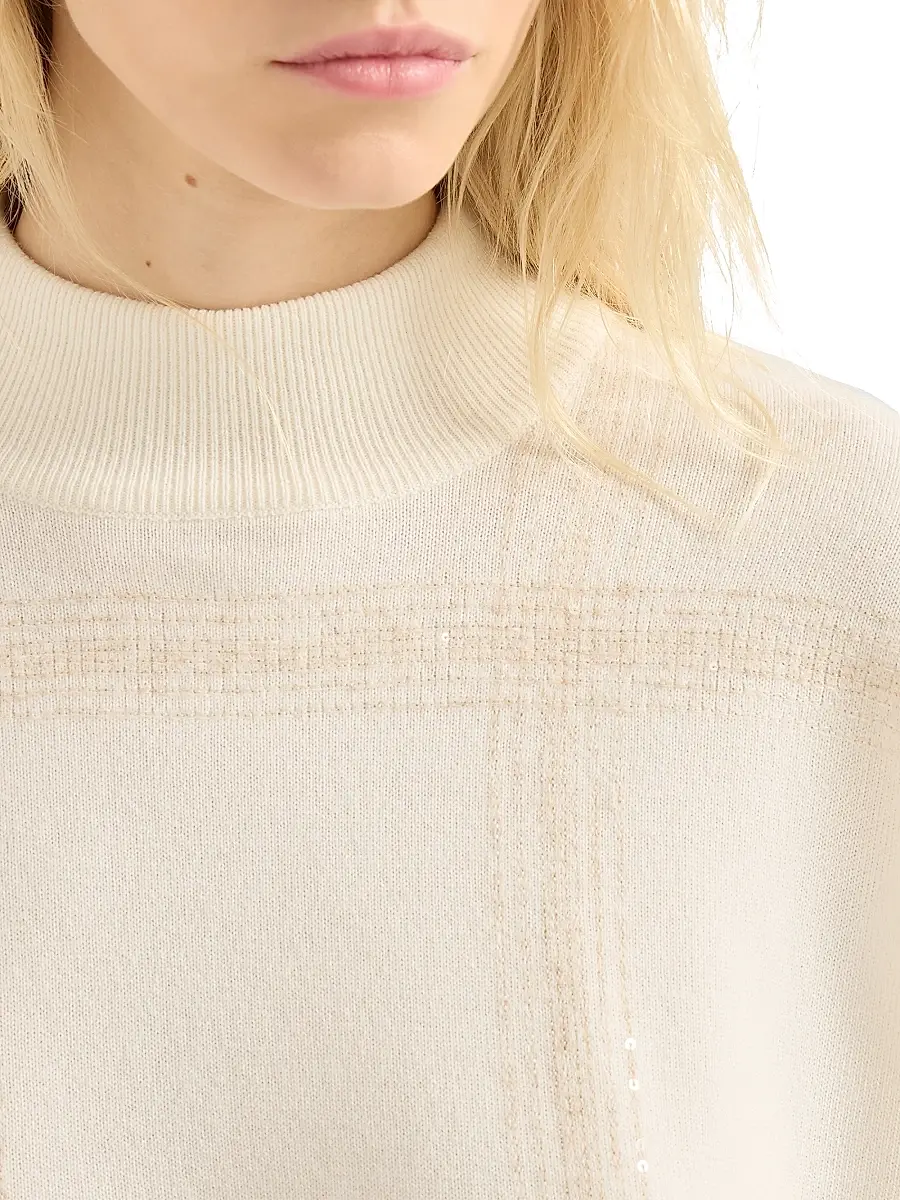 Brunello Cucinelli Women's Virgin Wool, Cashmere and Silk Mock Neck Sweater with Dazzling Checks Embroidery | Thumbnail 4 Brunello Cucinelli Women's Virgin Wool, Cashmere and Silk Mock Neck Sweater with Dazzling Checks Embroidery | Thumbnail 4