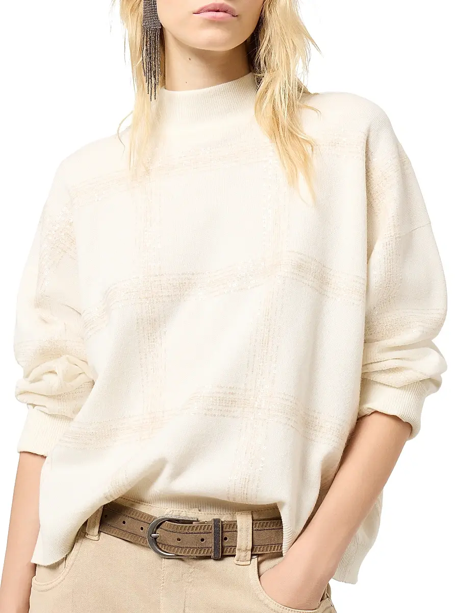 Brunello Cucinelli Women's Virgin Wool, Cashmere and Silk Mock Neck Sweater with Dazzling Checks Embroidery | Thumbnail 5 Brunello Cucinelli Women's Virgin Wool, Cashmere and Silk Mock Neck Sweater with Dazzling Checks Embroidery | Thumbnail 5