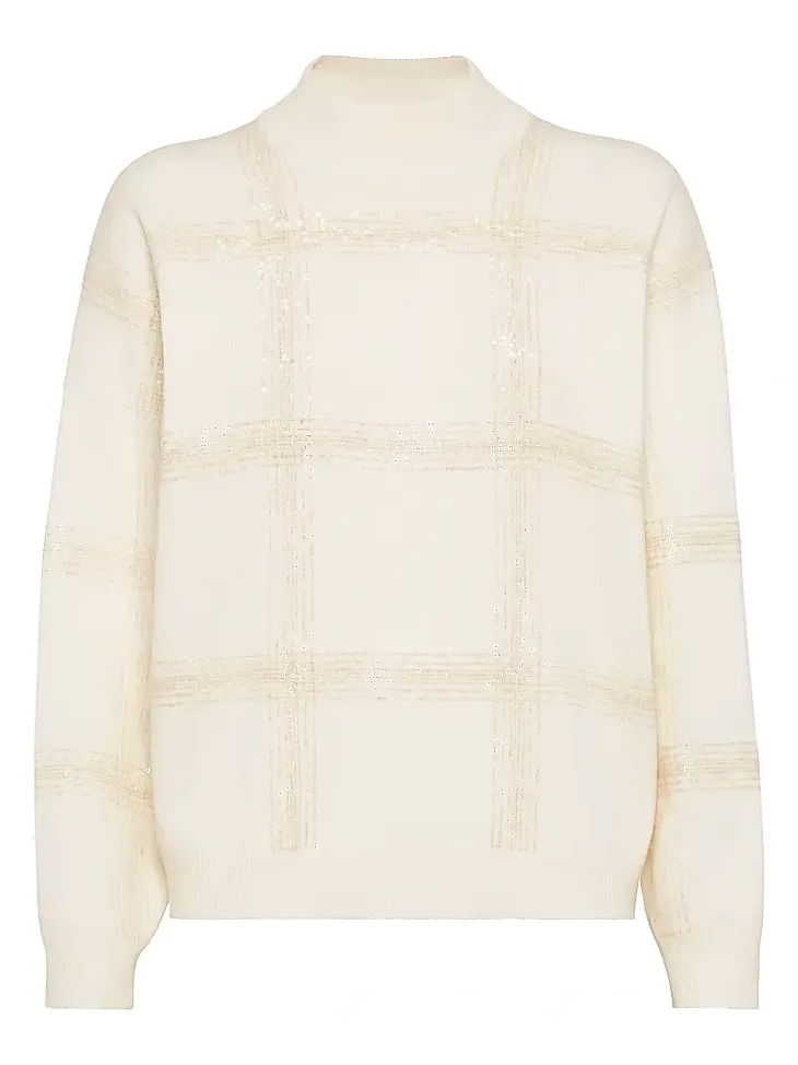 Brunello Cucinelli Women's Virgin Wool, Cashmere and Silk Mock Neck Sweater with Dazzling Checks Embroidery