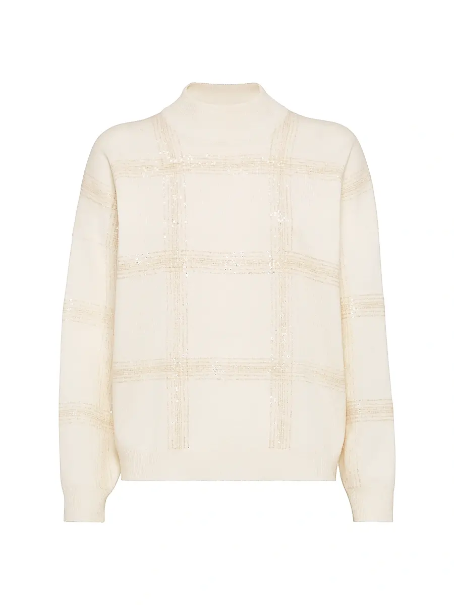 Brunello Cucinelli Women's Virgin Wool, Cashmere and Silk Mock Neck Sweater with Dazzling Checks Embroidery