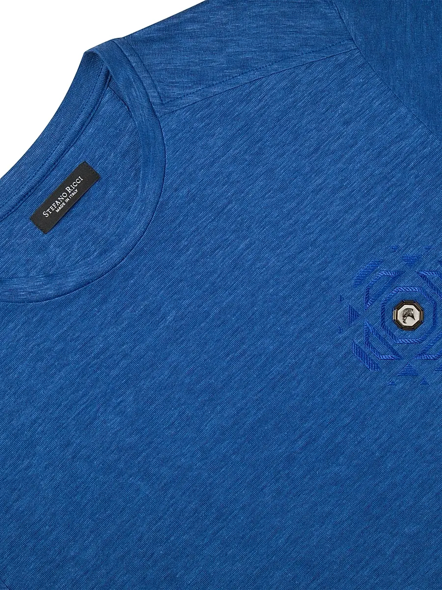 Stefano Ricci Men's Linen T-Shirt with Metallic Detailing - Mediterranean | Thumbnail 2 Stefano Ricci Men's Linen T-Shirt with Metallic Detailing - Mediterranean | Thumbnail 2