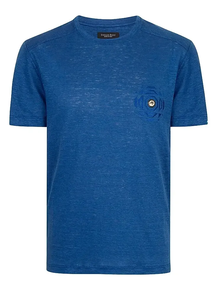 Stefano Ricci Men's Linen T-Shirt with Metallic Detailing - Mediterranean