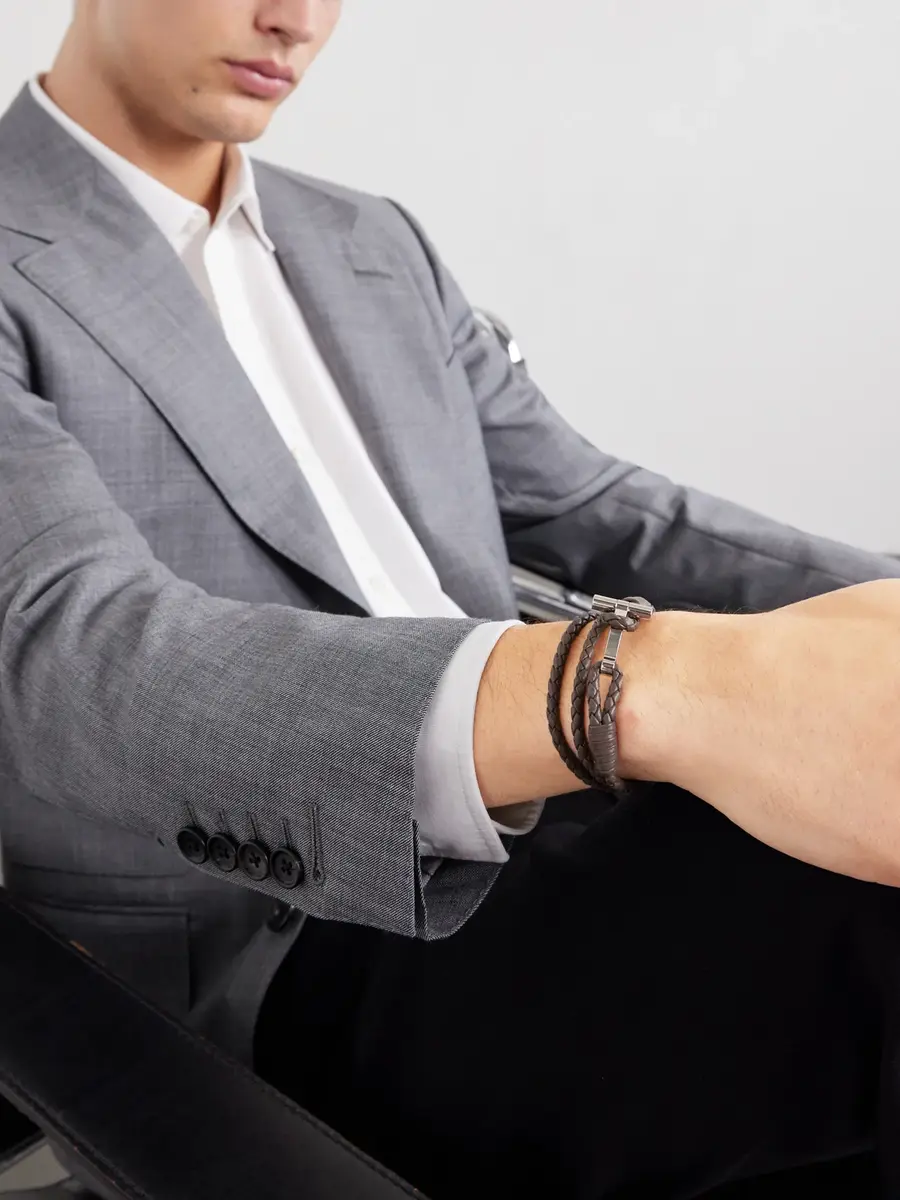 Tom Ford Woven Leather and Silver-Tone Wrap Bracelet - Men | Thumbnail 2