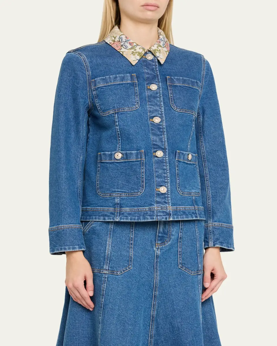 Cinq à Sept Dalton Floral-Collar Denim Jacket | Thumbnail 4