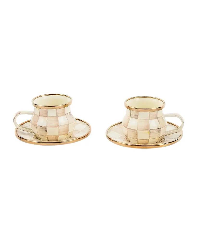 MacKenzie-Childs Mocha Check 3 oz. Espresso Cups & Saucers, Set of 2 | Image 1 MacKenzie-Childs Mocha Check 3 oz. Espresso Cups & Saucers, Set of 2 | Image 1