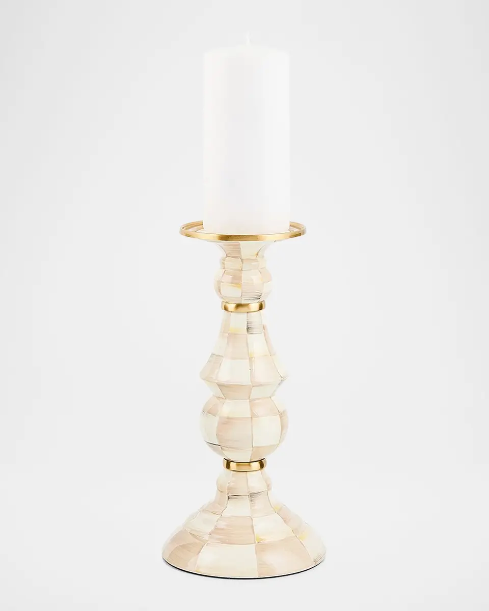 MacKenzie-Childs Mocha Check Large Pillar Candlestick, 11" Tall | Thumbnail 2 MacKenzie-Childs Mocha Check Large Pillar Candlestick, 11" Tall | Thumbnail 2