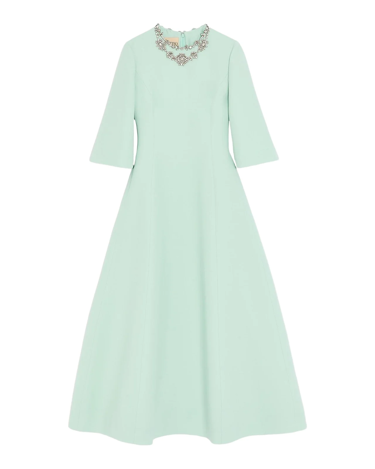 Crystal Embroidered Silk-Wool 3/4-Sleeve Midi Dress
