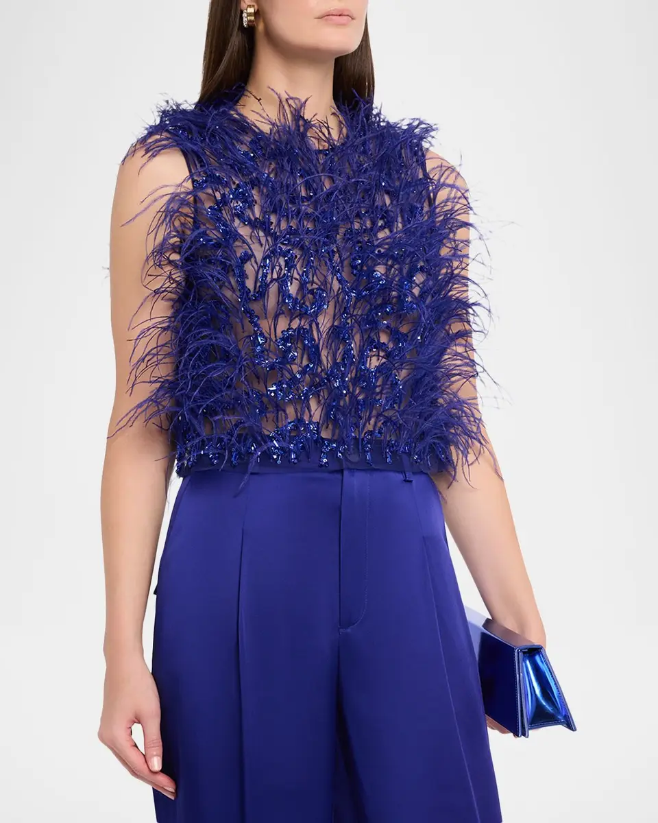 Lapointe Sleeveless Feather Sequined Tulle Crop Top | Thumbnail 4 Lapointe Sleeveless Feather Sequined Tulle Crop Top | Thumbnail 4