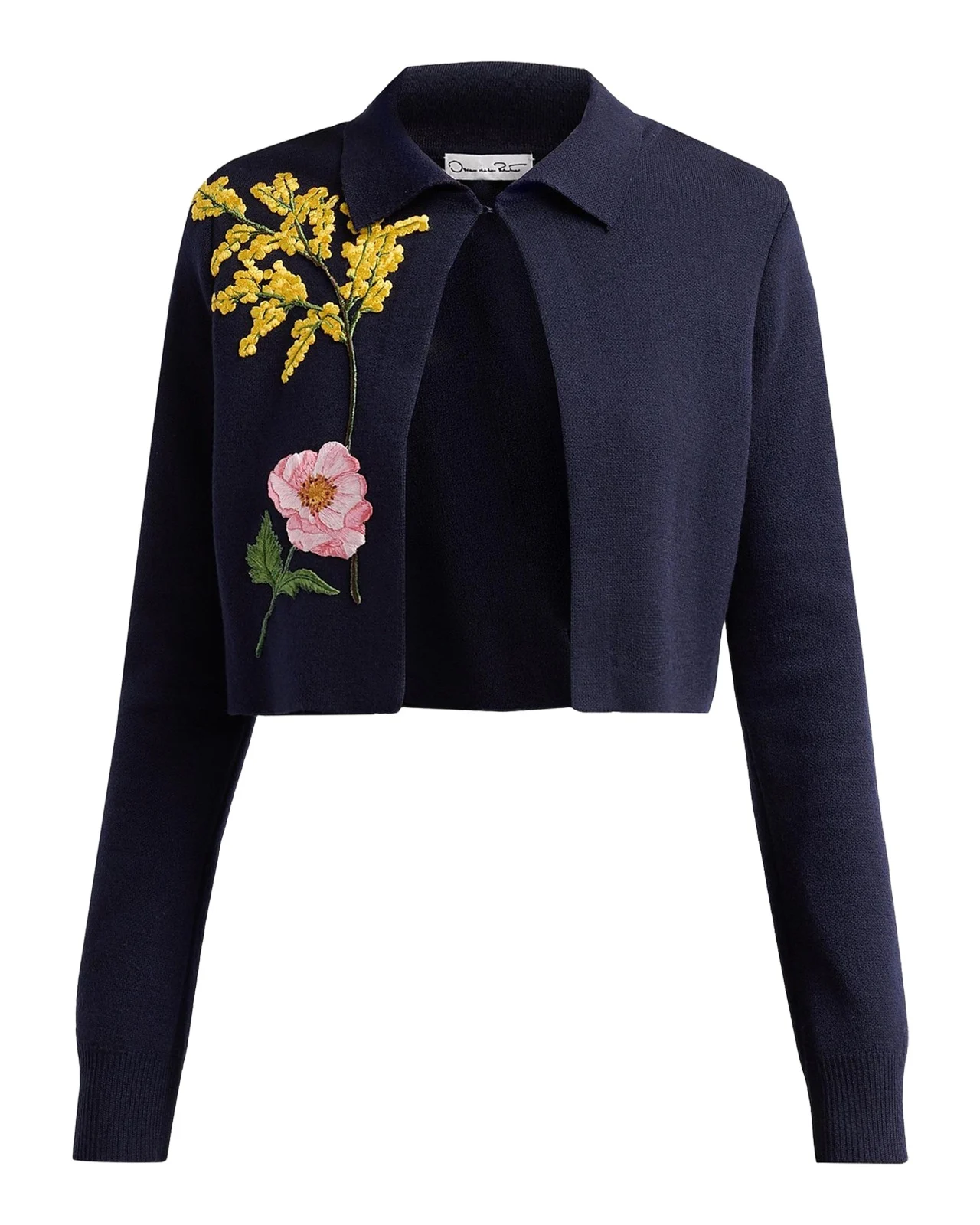Oscar de la Renta Floral Embroidered Wool Crop Collared Cardigan