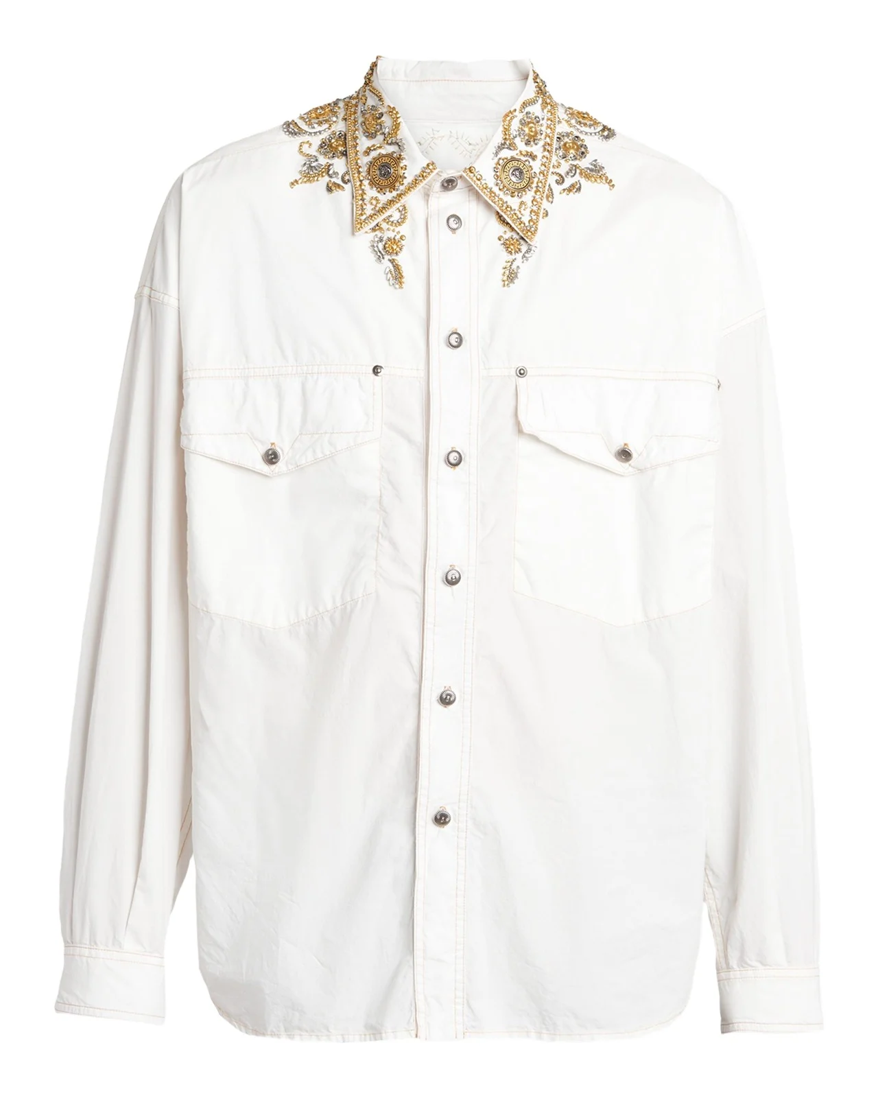 Versace Men's Embroidered-Collar Cotton Button-Down Shirt