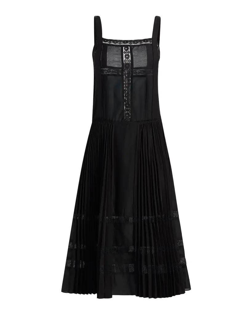 Pleated Lace-Inset Midi Dress