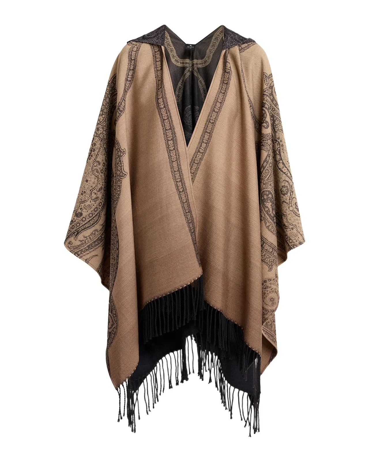 Degrade Paisley Wool Jacquard Fringe Hooded Cape