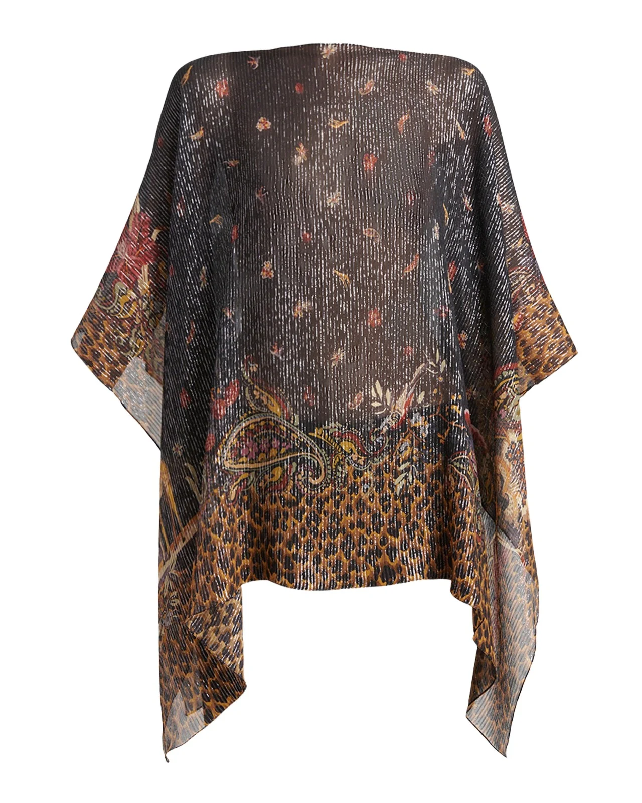 Metallic Paisley Animal Print Silk Chiffon Poncho Metallic Paisley Animal Print Silk Chiffon Poncho