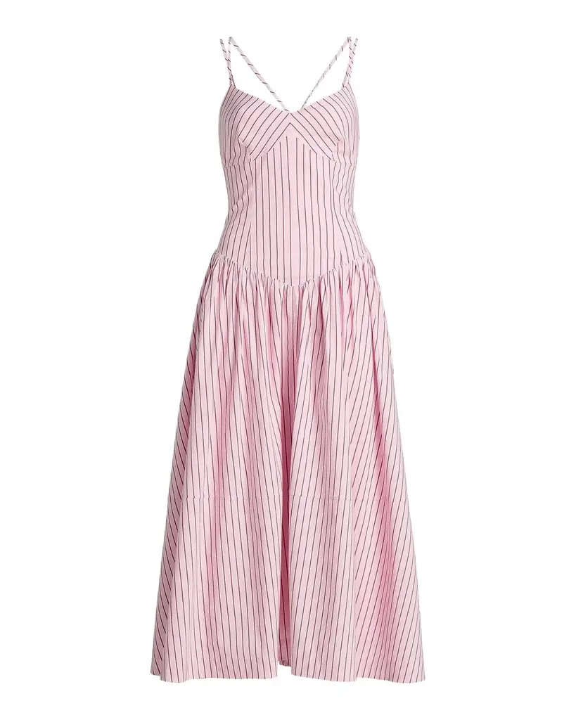 Cinq à Sept Rose Stripe Drop-Waist Midi Dress | Image 1 Cinq à Sept Rose Stripe Drop-Waist Midi Dress | Image 1