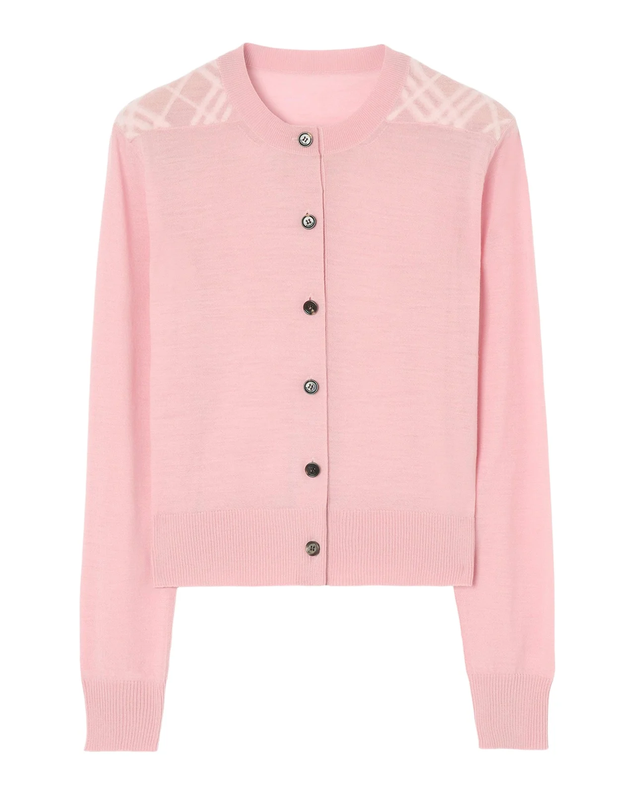 Wendy Check-Shoulder Wool Crewneck Cardigan Wendy Check-Shoulder Wool Crewneck Cardigan