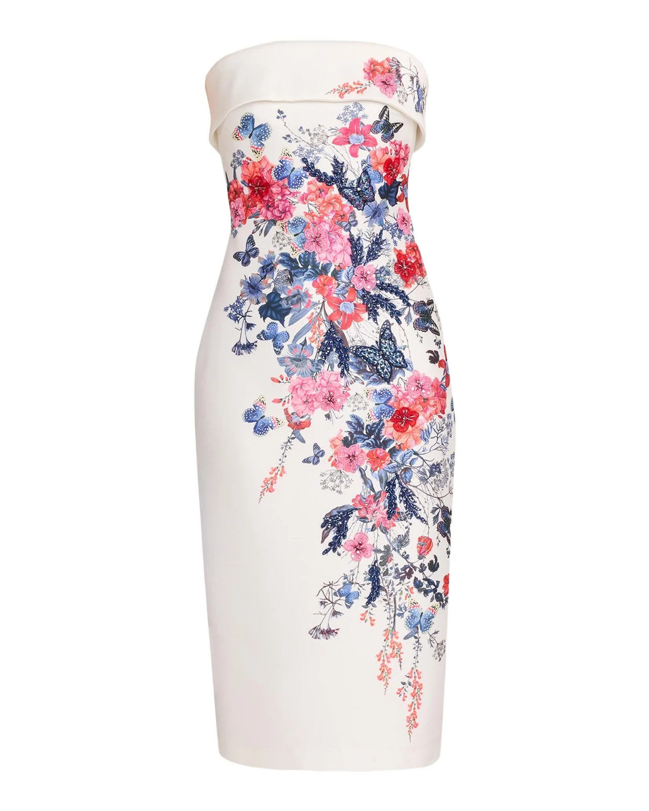 Strapless Floral Placement Midi Sheath Dress Strapless Floral Placement Midi Sheath Dress