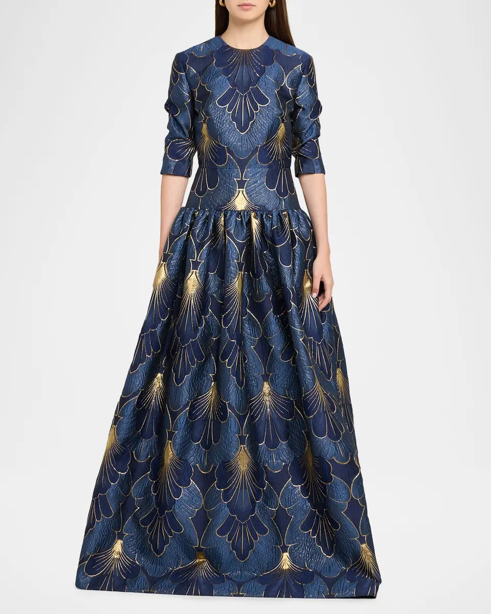 Reem Acra 3/4-Sleeve Lame Brocade Drop-Waist Gown | Thumbnail 2