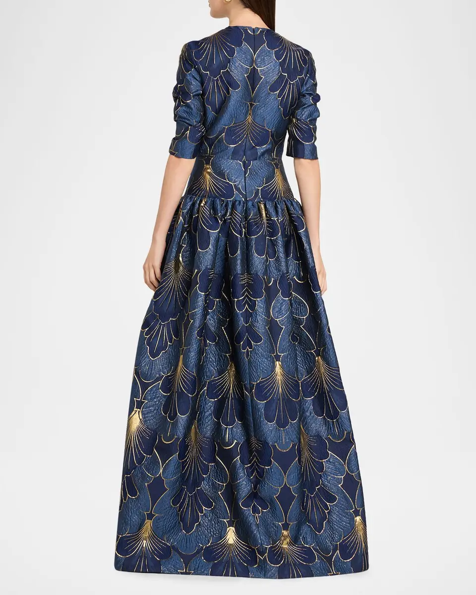 Reem Acra 3/4-Sleeve Lame Brocade Drop-Waist Gown | Thumbnail 3