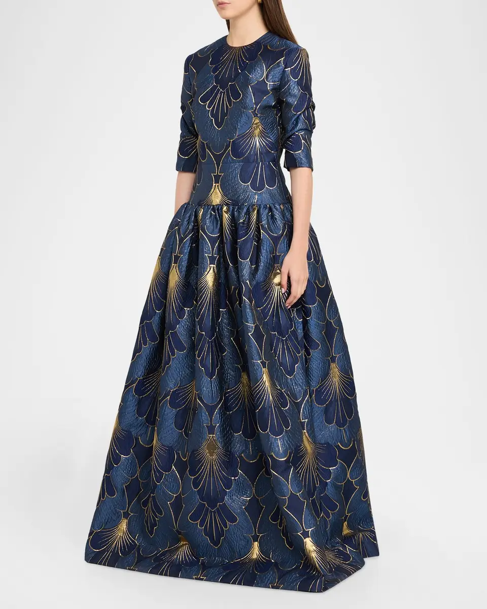Reem Acra 3/4-Sleeve Lame Brocade Drop-Waist Gown | Thumbnail 4