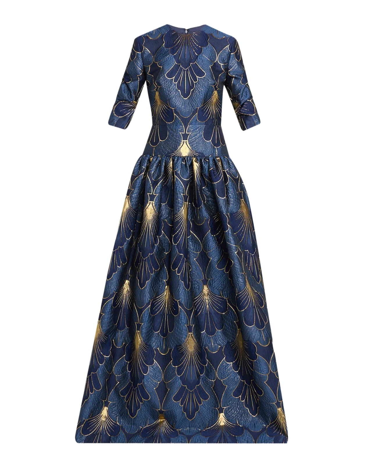 3/4-Sleeve Lame Brocade Drop-Waist Gown