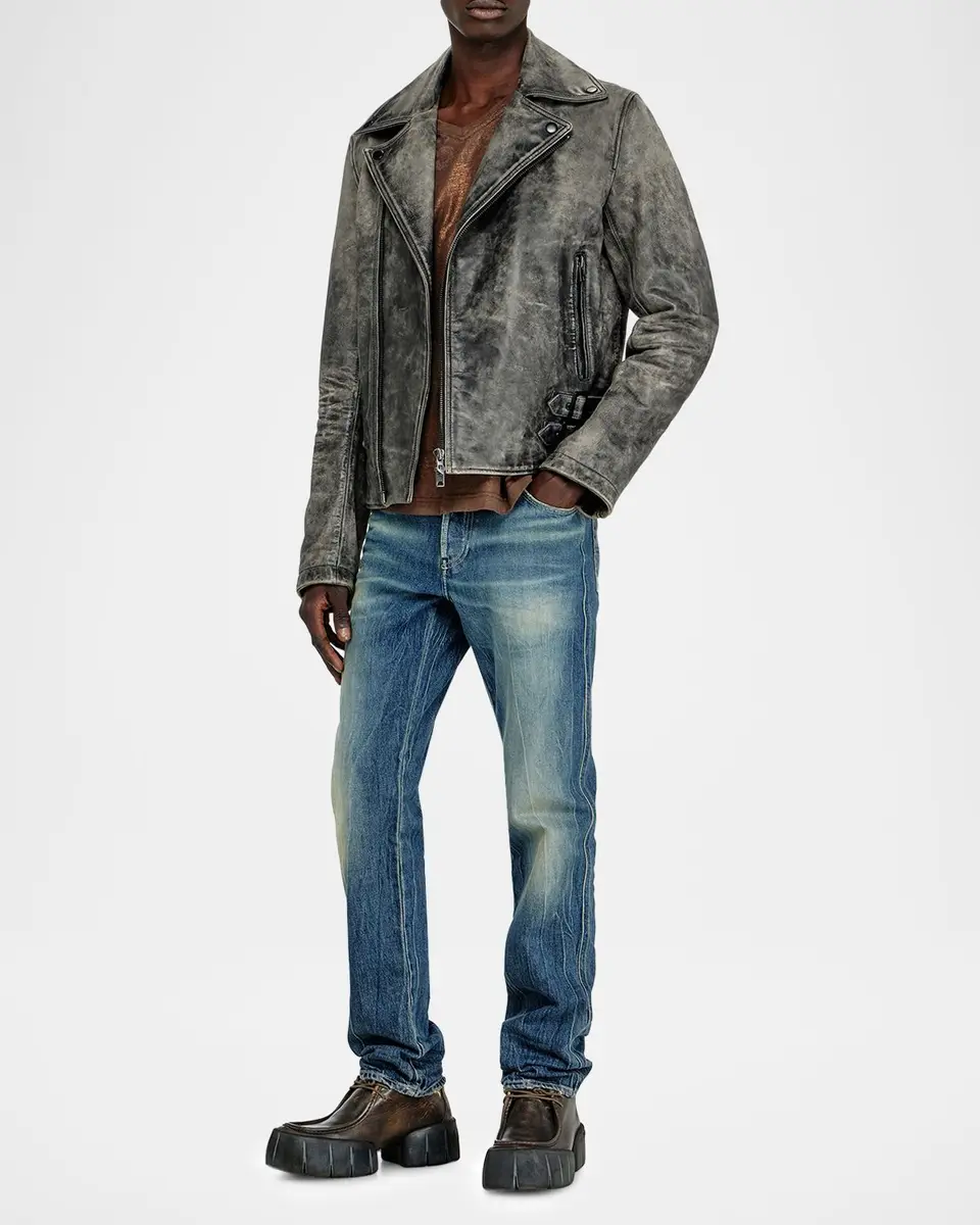Diesel Men's Treated Leather Biker Jacket | Thumbnail 2 Diesel Men's Treated Leather Biker Jacket | Thumbnail 2