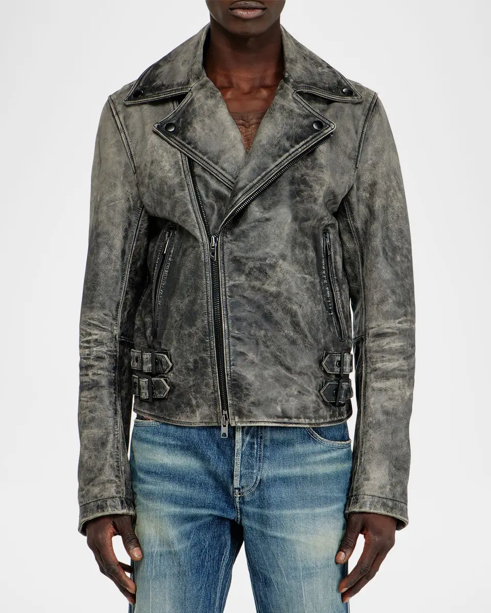 Diesel Men's Treated Leather Biker Jacket | Thumbnail 4 Diesel Men's Treated Leather Biker Jacket | Thumbnail 4