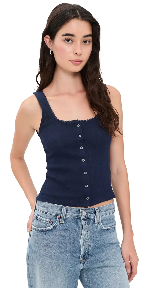Good American The Pointelle Button Down Tank HORIZON INK | Image 1 Good American The Pointelle Button Down Tank HORIZON INK | Image 1