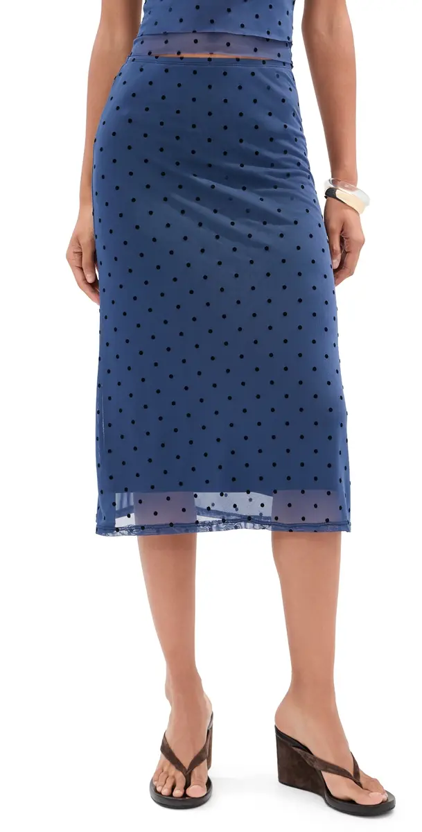 LE BOP Emma Midi Skirt Navy Flocked Polka Dot | Image 1 LE BOP Emma Midi Skirt Navy Flocked Polka Dot | Image 1