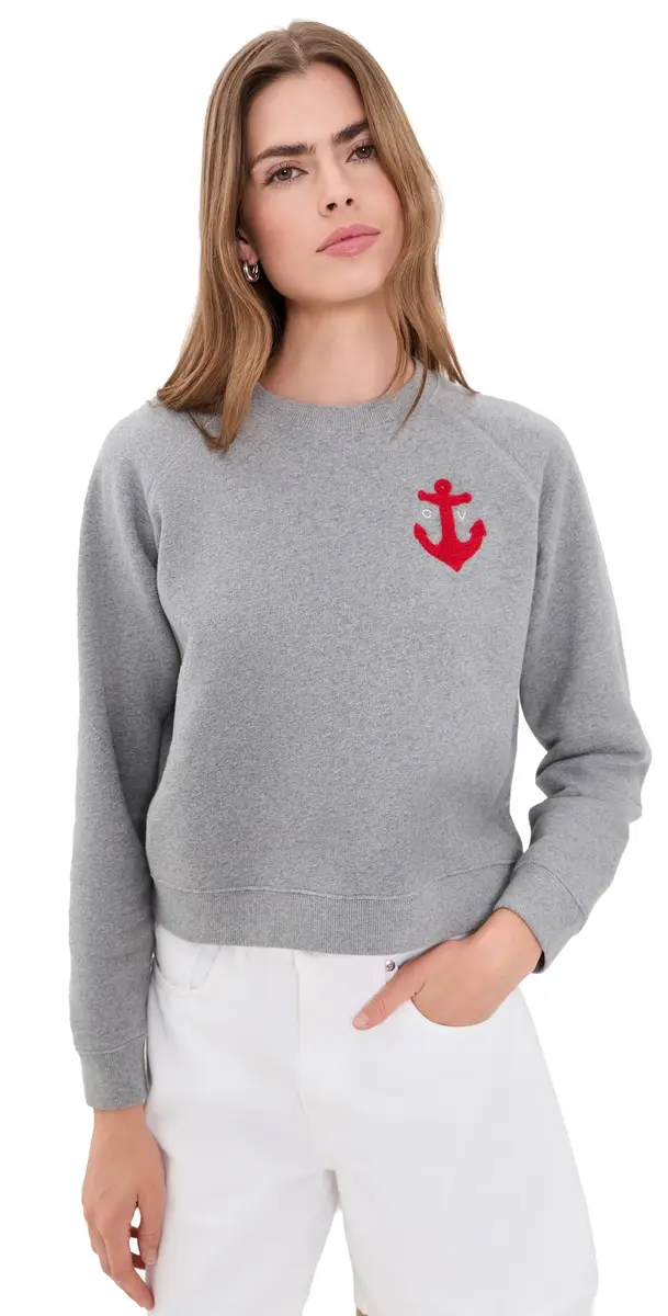 Clare V. Petit Chenille Anchor Le Court Sweatshirt Grey Melange | Image 1 Clare V. Petit Chenille Anchor Le Court Sweatshirt Grey Melange | Image 1
