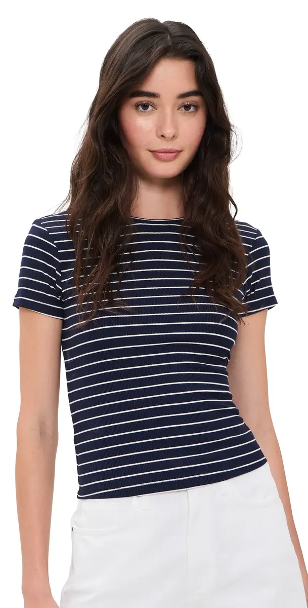 Good American The Rib Baby Tee IMPLE TRIPE HORIZON INK | Image 1 Good American The Rib Baby Tee IMPLE TRIPE HORIZON INK | Image 1