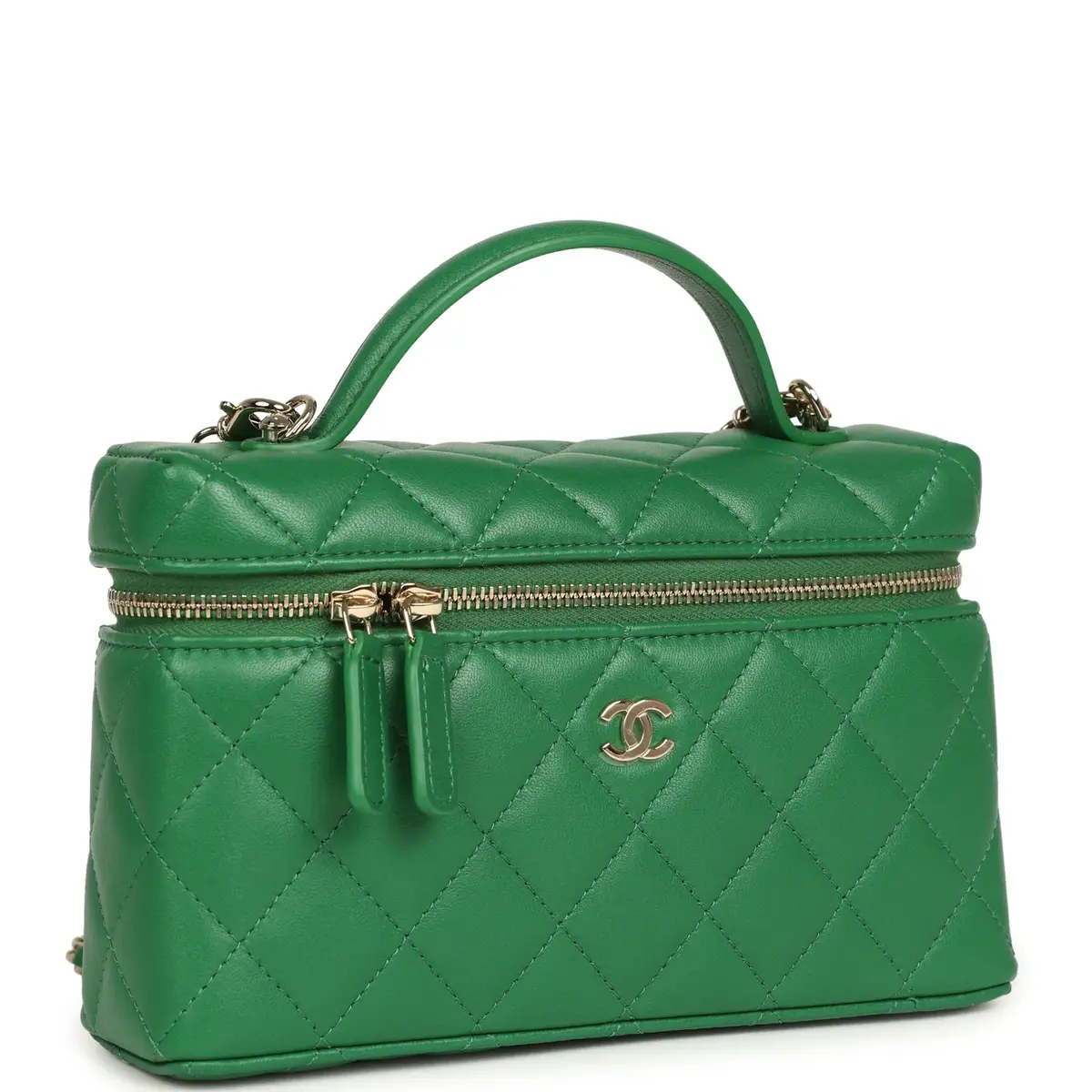 Chanel Chanel Top Handle Long Vanity Case with Chain Green Lambskin Light Gold Hardware | Thumbnail 2 Chanel Chanel Top Handle Long Vanity Case with Chain Green Lambskin Light Gold Hardware | Thumbnail 2