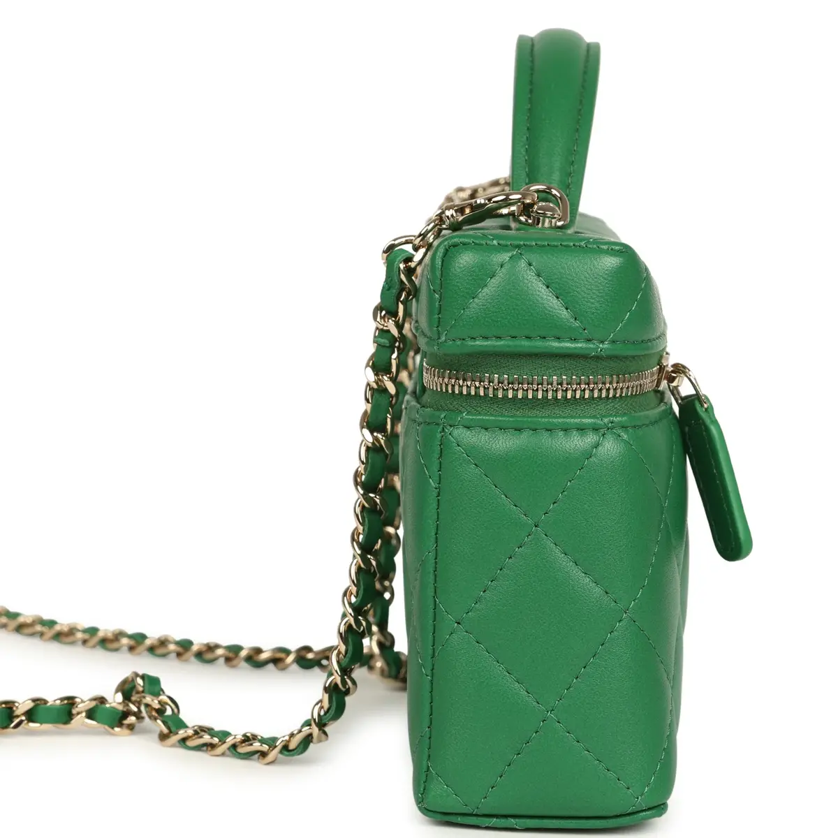 Chanel Chanel Top Handle Long Vanity Case with Chain Green Lambskin Light Gold Hardware | Thumbnail 3 Chanel Chanel Top Handle Long Vanity Case with Chain Green Lambskin Light Gold Hardware | Thumbnail 3
